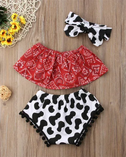 Vista 4 de stylesilove Baby Girls Cowgirl Red Bandana Top with Pom Pom Trim Bloomers and Headband 3pcs Outfit
