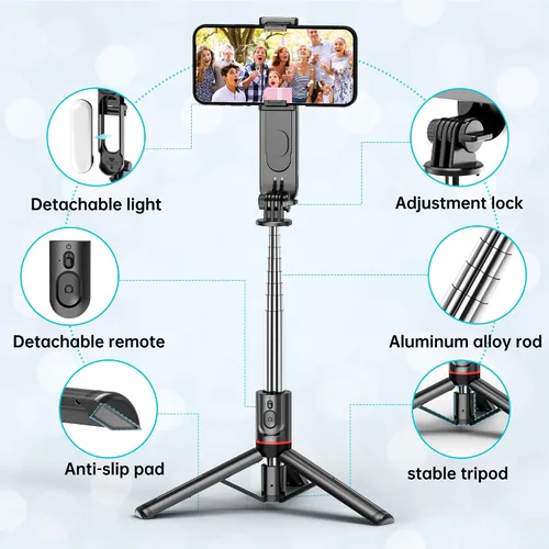 Vista 8 de Trípode estable para selfie stick con luz de relleno, palo selfie extensible de 44 pulgadas con control remoto inalámbrico y soporte de trípode