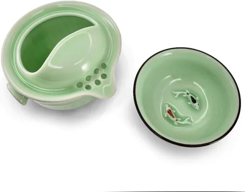 Vista 2 de Happy Sales HSTS-KFCGR02, Longquan Celadon té chino de porcelana verde de kungfu chino de una sola porción de 6 fl oz tetera y taza de té pintado a