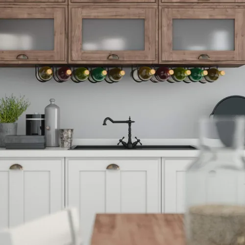 Vista 2 de Wallniture Dijon Estante de vino para organización y almacenamiento de cocina, organizador debajo del gabinete para 5 botellas de licor o vino