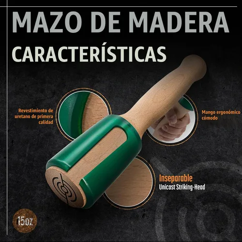 Vista 2 de Mazo de tallado de madera de precisión de 15 onzas para carpintería, cómodo mango de madera que reduce la fatiga de la mano, cabeza de uretano que