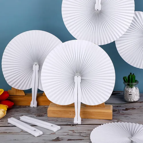 Vista 4 de durony 72 ventiladores plegables de forma redonda con mango de plástico, abanicos de mano de papel, abanicos de boda plegados para bodas