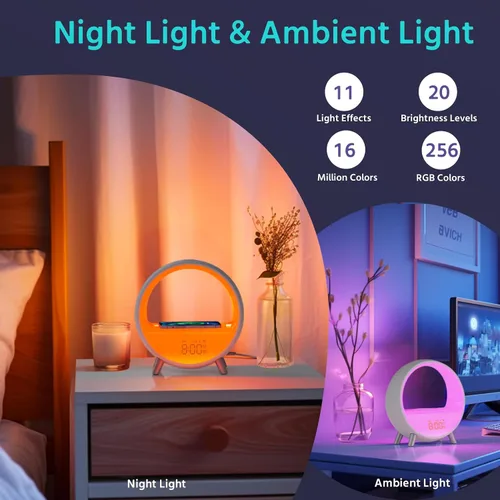 Vista 5 de MOMILLA Reloj despertador Sunrise con estación de carga inalámbrica de 15 W, altavoz Bluetooth y máquina de ruido blanco, luz de despertador