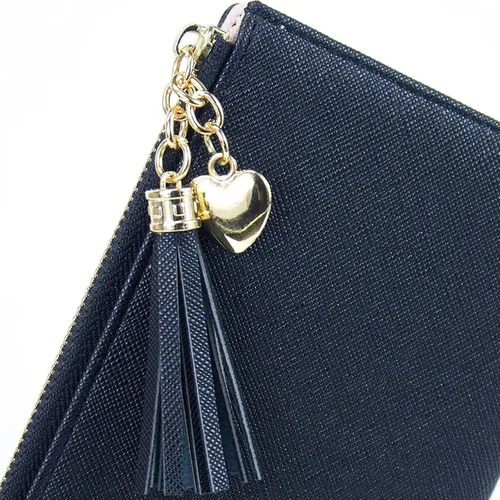 Vista 6 de Cartera delgada para mujer, bolso de mano, tarjetero con borla, bolsillo con cremallera Negro