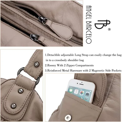 Vista 4 de Angel Barcelo - Bolsa de hombro amplia para mujer, diseño Hobo, cuero lavado