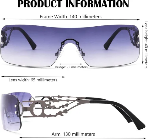 Vista 4 de Mehhlly Gafas de sol envolventes Y2K para mujeres y hombres, futuristas sin marco, lentes degradados