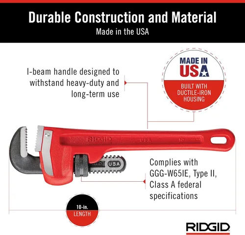 Vista 4 de RIDGID 31010 - Llave de tubería recta modelo 10 resistente, llave de fontanería de 10 pulgadas, color rojo, negro, 9.843 in (10 pulgadas)