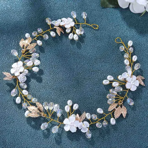 Vista 2 de JONKY Vid de pelo de novia de cristal de hoja de perla, diademas y accesorios para el cabello para mujer (dorado)