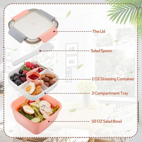 Vista 3 de Tessco for you 6 Piezas Recipiente para Almuerzo de Ensalada 50 oz Recipiente de Ensalada con 3 Compartimentos Caja Bento Reutilizable para Adultos
