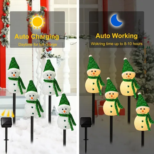 Vista 6 de 4 piezas solares de muñeco de nieve de Navidad para decoración al aire libre, luces LED de estaca, muñeco de nieve solar, Papá Noel, luces