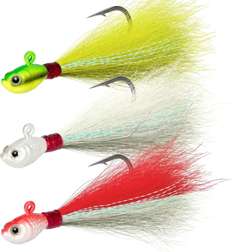 Vista 7 de Dr.Fish Paquete de 3 señuelos de cola de cubo para el cabello, señuelos de agua salada y dulce para pesca de surf, pesca, blanco, rojo, Chartreuse