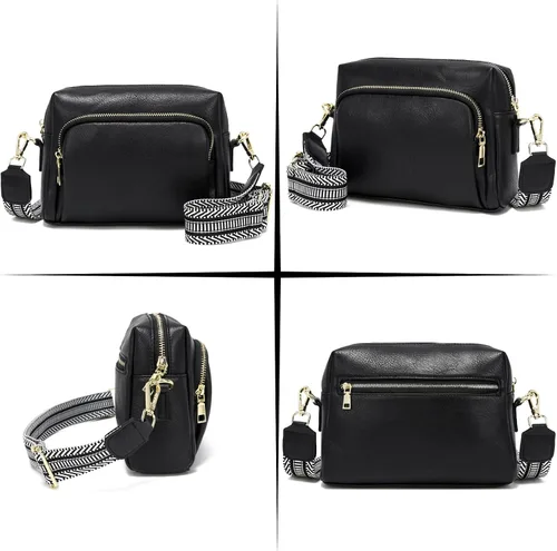 Vista 5 de Bolsos cruzados pequeños para mujer, bolsos cruzados de viaje de cuero vegano, bolsos de hombro con correa de guitarra y correa de cuero