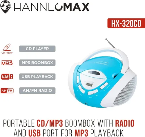 Vista 4 de HANNLOMAX HX-320CD CD/MP3 Boombox, radio AM/FM, puerto USB para reproducción de MP3, entrada auxiliar, pantalla LCD, fuente de alimentación dual