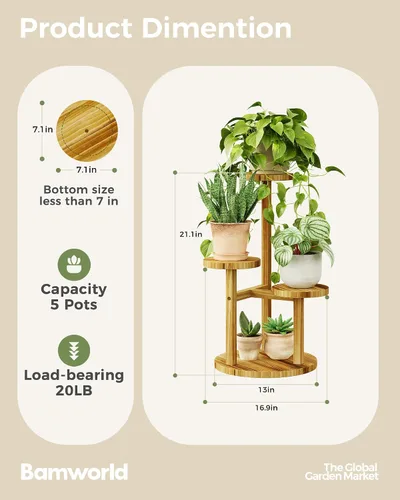 Vista 2 de Bamworld Soporte para plantas de 3 niveles para interiores, estante esquinero de madera para múltiples plantas, soporte redondo pequeño para flores