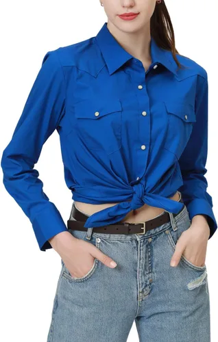 Vista 19 de PASHARTUK Camisas occidentales para mujer, camisas de manga larga de algodón para mujer con botones a presión, camisas a cuadros para mujer Beige