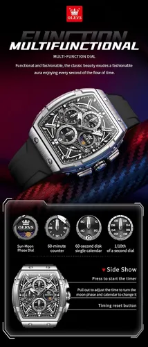 Vista 4 de OLEVS Men Watches Business Dress Chronograph Big Square Quartz Analog Male Watch Silicone Strap Waterproof Date Gift Mens Wrsit Watch Silver