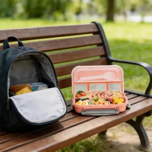 Vista 6 de Okllen Paquete de 3 loncheras Bento con cuchara y 4 compartimentos, recipientes de plástico para preparación de comidas con tapas, contenedor