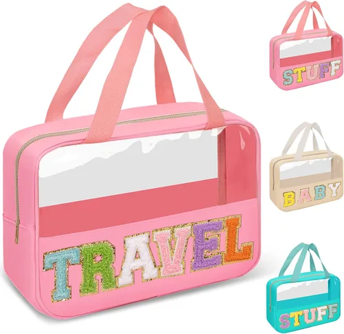 Vista 16 de izuzta Bolsas de maquillaje transparentes tipo tote con letras de chenilla, bolsa de maquillaje preppy con asa, Moda
