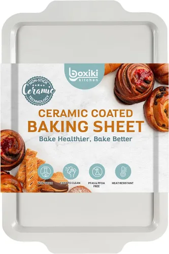 Vista 10 de Boxiki Kitchen Bandeja antiadherente para hornear y galletas, no tóxica de acero al carbono con borde de 11 x 14 pulgadas. Resistente a abolladuras