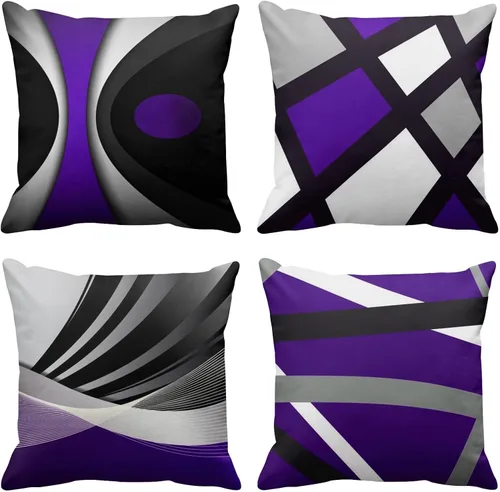 Vista 13 de Emvency Juego de 4 fundas de almohada negras modernas abstractas de rayas grises grises grises y blancas de acrílico llamativo, fundas de almohada