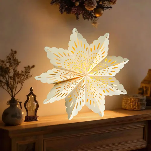Vista 7 de 12 piezas de linternas de copo de nieve de papel de Navidad, linternas de estrella de papel de Navidad 3D con luces LED, lámparas colgantes de copo