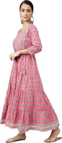 Vista 5 de Janasya Kurta acampanada con estampado de bloques de algodón rosa para mujer india