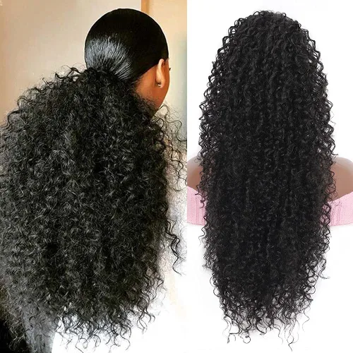 Vista 12 de Youthfee Cola de caballo con cordón para mujer, cola de caballo rizada profunda, sintética mezclada con cabello humano, negro natural, afro, rizado