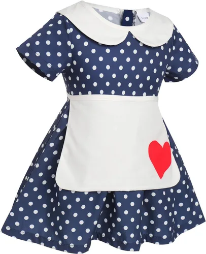 Vista 2 de IWEMEK Vestido de ama de casa de los años 50 para niñas con delantal, vestido de lunares, disfraz de ama de casa de los años 50, disfraz