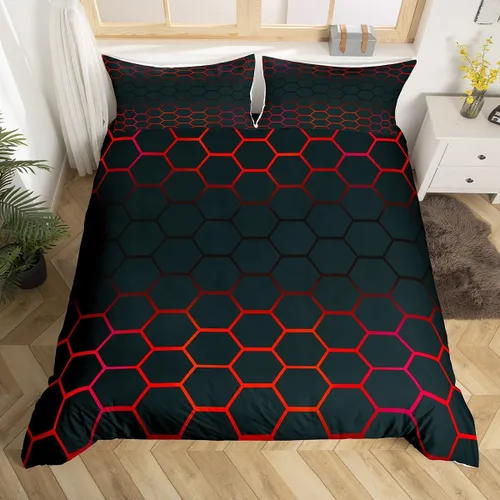Vista 25 de Juego de ropa de cama geométrica de panal verde y azul, funda de edredón hexagonal estereoscópica para niños y niñas, funda de edredón hexagonal