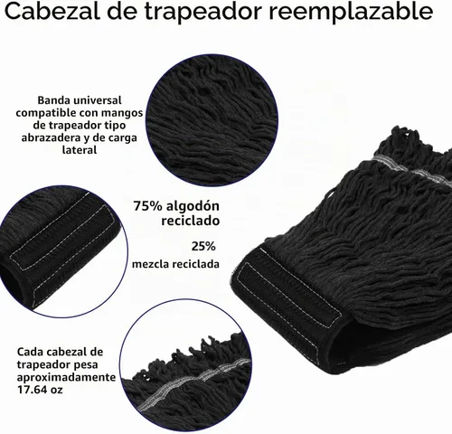 Vista 3 de Paquete de 3 repuestos de cabeza de trapeador de algodón negro resistente comercial Reemplazo para limpieza general y de suelos