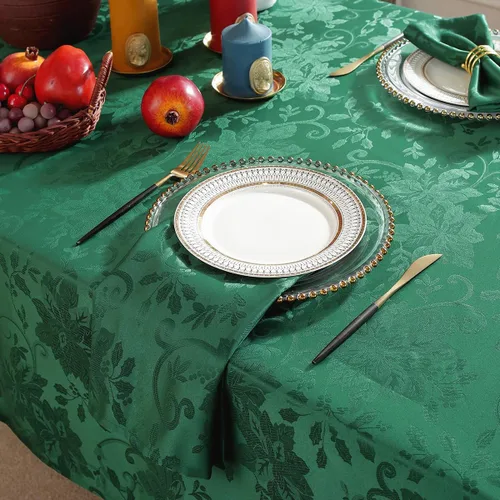 Vista 7 de SASTYBALE Mantel rectangular de Navidad, mantel jacquard verde de 60 x 102 pulgadas con patrón floral de flor de pascua, mantel de tela de damasco