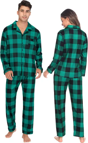 Vista 4 de Sexqero Conjunto de pijama familiar de Navidad a juego para parejas, ropa de dormir con botones y manga larga, a cuadros, conjunto de descanso S-XXL