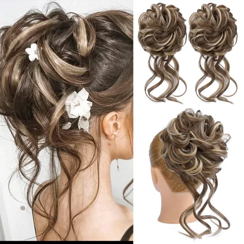 Vista 13 de HOOJIH 2 piezas de extensiones de cabello estilo moño despeinado, extensiones de cabello rizado y ondulado con tiras, cola de caballo, horquillas