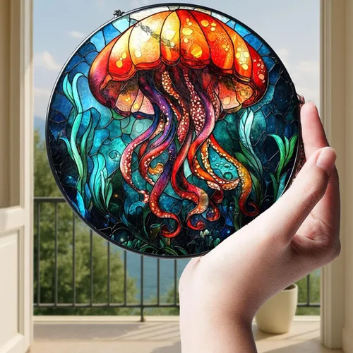Vista 4 de Real Glass Jellyfish Christmas Ornament, Stained Glass Style Sea Life Art