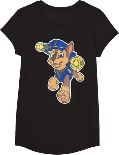 Vista 3 de Paw Patrol Chase Character Patch - Camiseta negra de manga corta con cuello redondo y ajuste clásico, talla S Negro