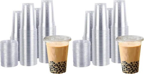 Vista 11 de TashiBox vasos de plástico con tapas [12 onzas 100 vasos y 100 tapas planas], vasos desechables de plástico transparente, vasos para batidos