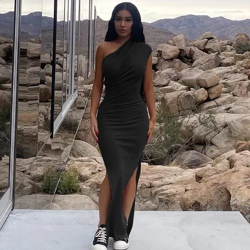 Vista 4 de Vestido de un hombro para mujer, sexy, sin mangas, acanalado, con abertura lateral, para cóctel, club, fiesta, maxi vestido bodycon