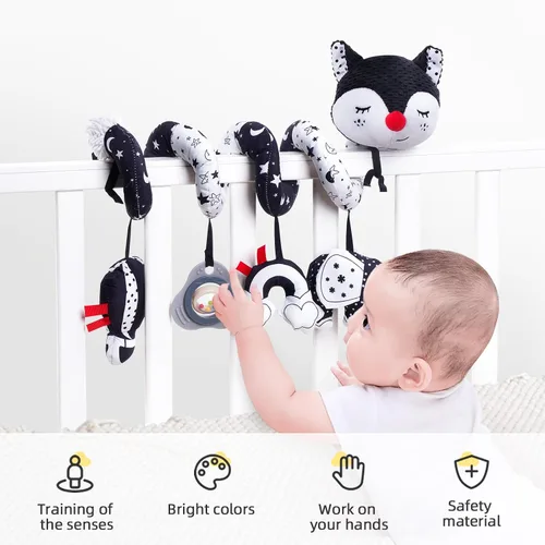 Vista 2 de Koty Juguetes para Asiento de Coche, Juguete de Peluche en Espiral para Bebés con Caja de Música, Sonajero y Cascabeles Colgantes para Cochecito