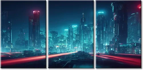 Vista 34 de Cuadros de 3 paneles de Cyberpunk City - Arte de pared de vallas publicitarias de edificios modernos en la capital con obras de arte modernas