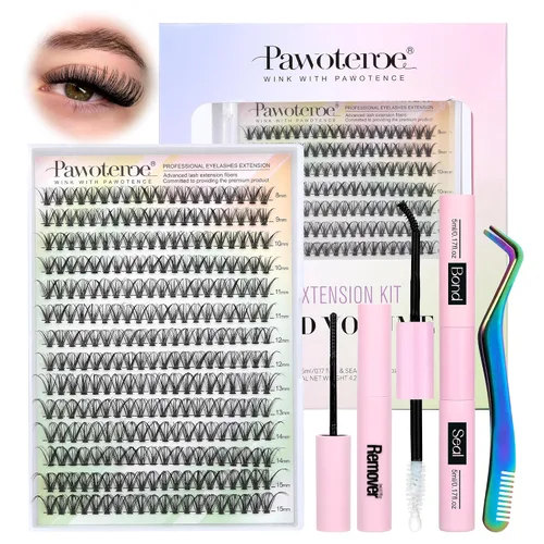 Vista 25 de Kit de Extensión de Pestañas Pawotence DIY 280 piezas, Kit de Racimos de Pestañas Individuales 20D y 30D Naturales 9-15mm, Kit de Extensiones