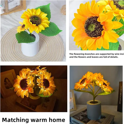 Vista 5 de Luz nocturna de girasol artificial, lámpara de flores recargable por USB - 2PCS
