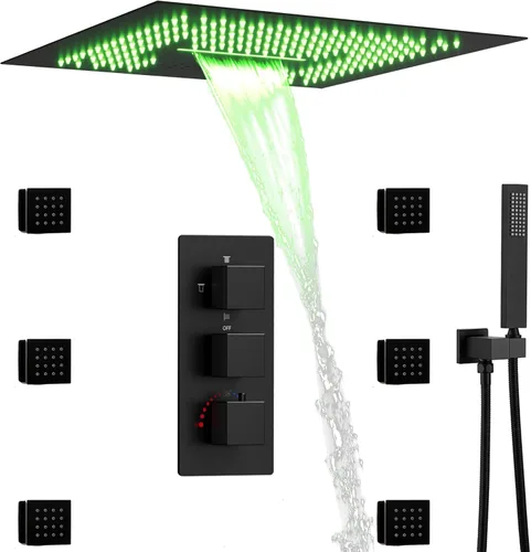 Vista 14 de Cabezal de ducha de lluvia de techo LED redondo de oro cepillado de 10 pulgadas, DULABRAHE termostático para baño, sistema de ducha de lluvia de Oro