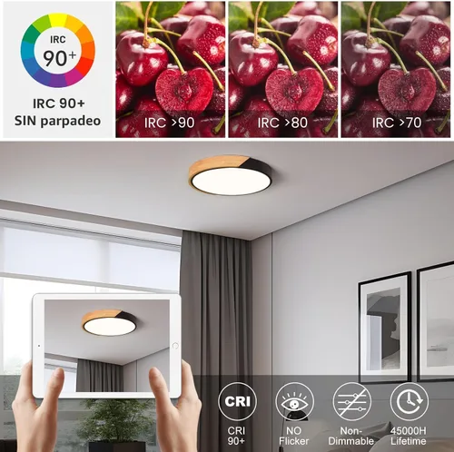 Vista 2 de Lámpara de techo LED moderna, lámpara de techo minimalista de madera empotrada, 4000 K no regulable, lámpara de iluminación circular con pantalla