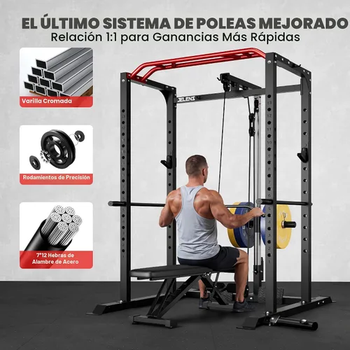 Vista 3 de Jaula de potencia JELENS, banco multifunción S11 con capacidad de 2000LBS, barra para sentadillas con sistema de poleas ajustable y más accesorios