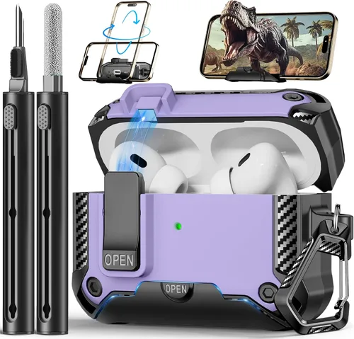 Vista 15 de Funda para AirPods Pro de 2ª Generación con Soporte para Teléfono, Protección Completa contra Caídas con Diseño de Interruptor Automático a Presión