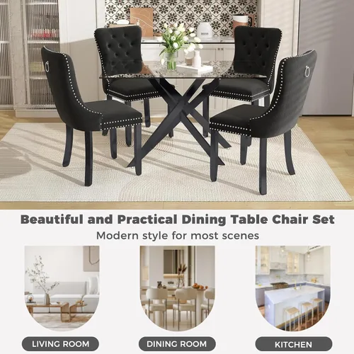 Vista 9 de Juego de mesa de comedor de 51 pulgadas de vidrio para 4, mesa de cocina rectangular de vidrio con 4 sillas tapizadas con acentos de terciopelo