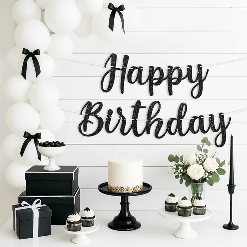 Vista 4 de Cartel de feliz cumpleaños pre-encordado – No DIY – Cartel negro de feliz cumpleaños para hombres y mujeres – Guirnalda preencordada en hebras de 6