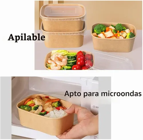 Vista 4 de Paquete de 50 recipientes de papel de 25 onzas con tapas, recipientes desechables de papel Kraft, cuencos de ensalada apilables a prueba de aceite