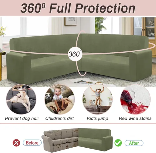 Vista 5 de HDCAXKJ Fundas de terciopelo grandes en forma de L para sofá seccional, fundas verdes para sofá esquinero, juego de fundas elásticas y suaves