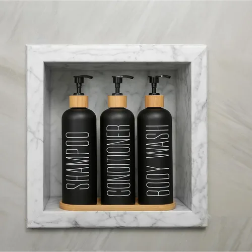 Vista 4 de Dispensador de champú y acondicionador Prus Waso con bombas y bandeja de bambú, perfecto para artículos esenciales del baño para un nuevo hogar Negro